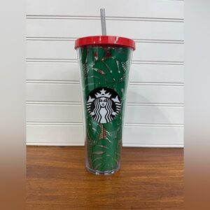 Starbucks Leaves & Lace green & tangerine monstera leaf venti tumbler with straw